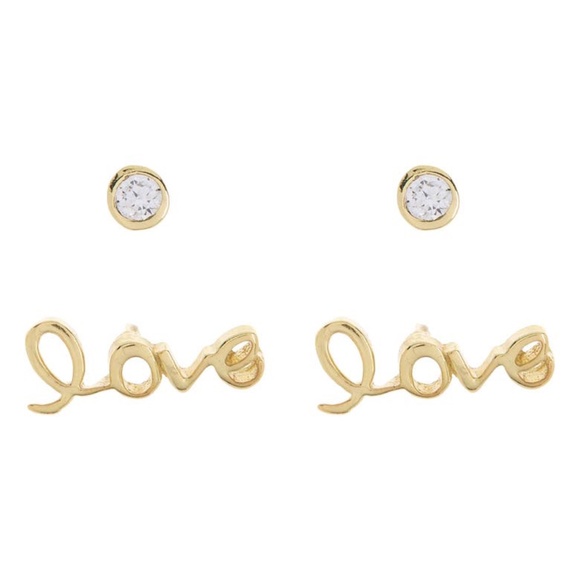 (2 Pairs) Argento Vivo 14K GP Sterling Silver "Love" and CZ stud Earrings - NIB - Picture 1 of 5
